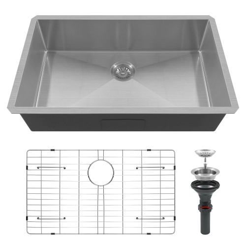 32x19 Inch Undermount Single Bowl Kitchen Sink in Brushed Stainless Steel, 3.0mm Thick with R10 Corners, Drain Assembly & Grid Basket Included