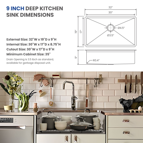 32x19 Inch Undermount Single Bowl Kitchen Sink in Brushed Stainless Steel, 3.0mm Thick with R10 Corners, Drain Assembly & Grid Basket Included