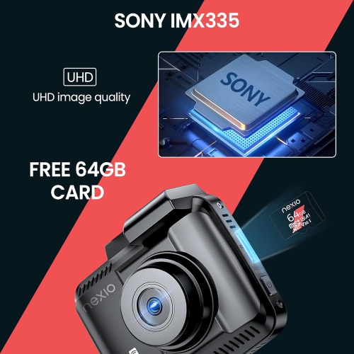 Nexio N5Pr 4K UHD + 1080P Dual Recording +64GB FREE Memory Card, Night Vision, WiFi, ADAS, 24hrs Parking mode monitoring