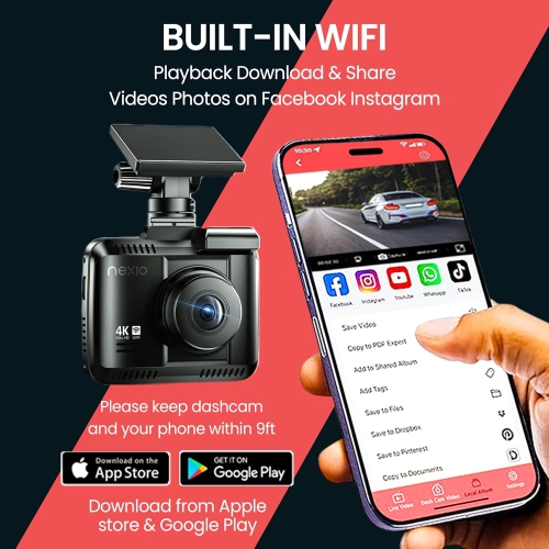 Nexio N5Pr 4K UHD + 1080P Dual Recording +64GB FREE Memory Card, Night Vision, WiFi, ADAS, 24hrs Parking mode monitoring