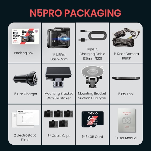 Nexio N5Pr 4K UHD + 1080P Dual Recording +64GB FREE Memory Card, Night Vision, WiFi, ADAS, 24hrs Parking mode monitoring