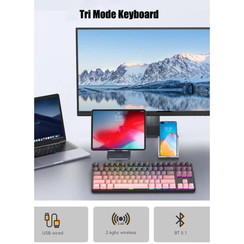 Mechanical keyboard plug-in three-mode red axis e-sports game desktop notebook universal, wired and wireless keyboard rechargeable RGB gaming