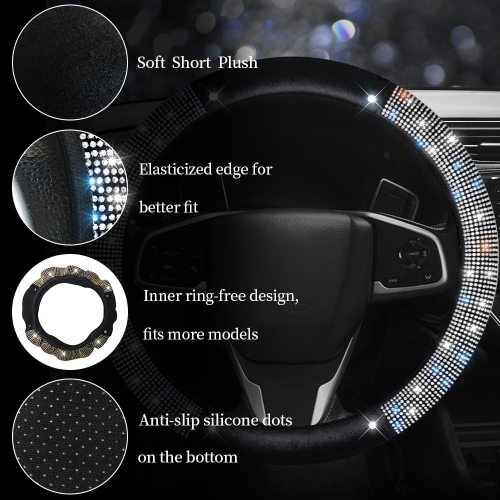 Car Steering Wheel Cover, Universal Diamond-Encrusted, Cute Women's Handlebar Cover, 38cm Steering Wheel Diameter - [Colored Diamond] Glitter