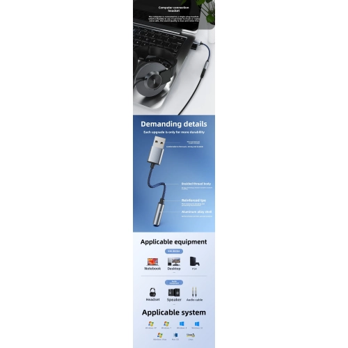 OTG adapter computer USB to 3.5 aux headphone adapter HIFI audio cable computer audio converter - USB to AUX gray-blue