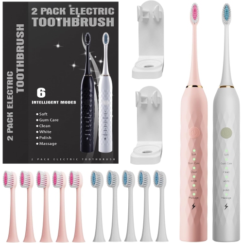 Electric Toothbrush for Kids with Holders，2 Pack Sonic Toothbrush with 10 Heads, 6 Modes, IPX7 Waterproof, Smart Timer, 2 Hours Charge for 60 Days