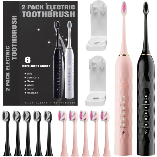 Electric Toothbrush for Kids with Holders，2 Pack Sonic Toothbrush with 10 Heads, 6 Modes, IPX7 Waterproof, Smart Timer, 2 Hours Charge for 60 Days