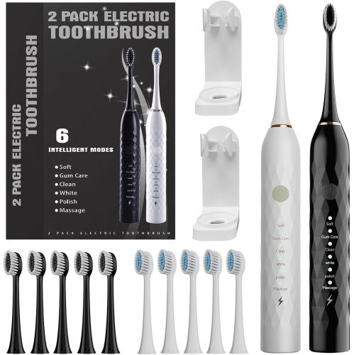 Electric Toothbrush for Kids with Holders，2 Pack Sonic Toothbrush with 10 Heads, 6 Modes, IPX7 Waterproof, Smart Timer, 2 Hours Charge for 60 Days