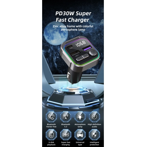 Chargeur pour l'auto, chargement rapide, lecteur MP3 Bluetooth, allume-cigare avec affichage numérique, chargeur pour l'auto PD, émetteur radio FM et