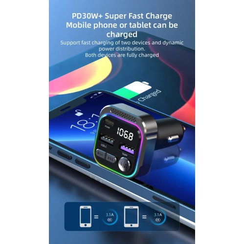 Chargeur pour l'auto, chargement rapide, lecteur MP3 Bluetooth, allume-cigare avec affichage numérique, chargeur pour l'auto PD, émetteur radio FM et