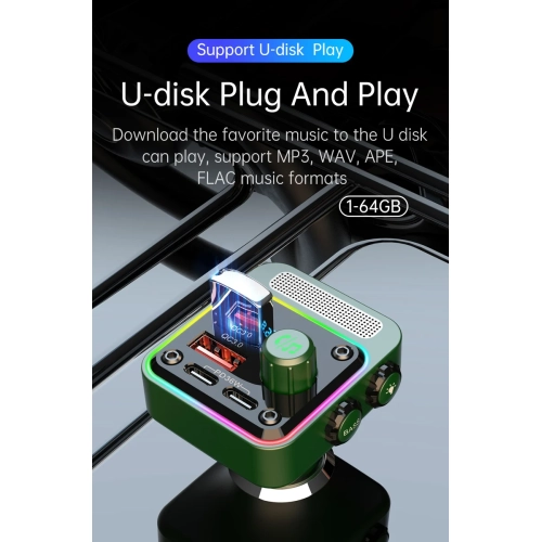 Lecteur MP3 voiture Clé USB sans perte HIFI Musique 36 W double PD Émetteur FM Bluetooth pour l'auto - Vert