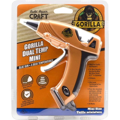 Gorilla Dual Temp Hot Glue Gun, Mini, Precision Nozzle, Easy Squeeze Trigger, Enhanced Safety Features, Built in Stand, 12 Watts, Orange, - 8501502