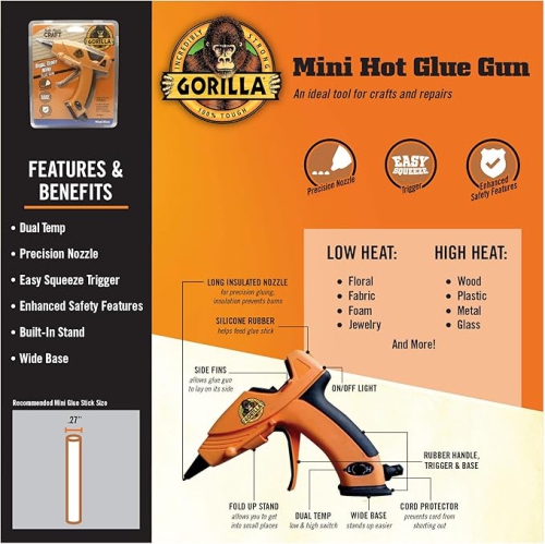 Gorilla Dual Temp Hot Glue Gun, Mini, Precision Nozzle, Easy Squeeze Trigger, Enhanced Safety Features, Built in Stand, 12 Watts, Orange, - 8501502