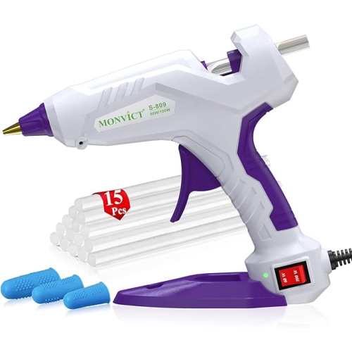 Full Size Hot Glue Gun, MONVICT Dual Temp Glue Gun 60/100W Base Stand Heavy Duty Melt Glue Gun Kit with 15 Pcs Glue Sticks & 3 Finger Protectors for