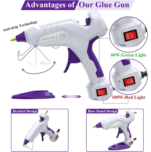 Full Size Hot Glue Gun, MONVICT Dual Temp Glue Gun 60/100W Base Stand Heavy Duty Melt Glue Gun Kit with 15 Pcs Glue Sticks & 3 Finger Protectors for