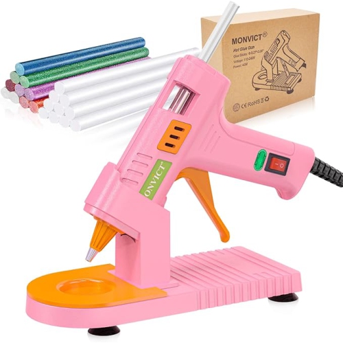 MONVICT Pink Hot Glue Gun Kit, Mini Glue Gun with Suction Cups Stand Anti Stick Silicone Mat, Hot Melt Glue Gun with Fine Tip & 30 Glue Sticks,