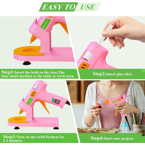 MONVICT Pink Hot Glue Gun Kit, Mini Glue Gun with Suction Cups Stand Anti Stick Silicone Mat, Hot Melt Glue Gun with Fine Tip & 30 Glue Sticks,