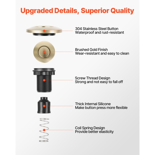 VEVOR Garbage Disposal Air Switch Kit, 2.5" Sink Top Air Switch for Food Waste Disposal, Brushed Gold Stainless Steel ON/OFF Air Button for Stainless