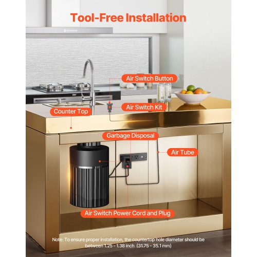 VEVOR Garbage Disposal Air Switch Kit, 2.5" Sink Top Air Switch for Food Waste Disposal, Brushed Gold Stainless Steel ON/OFF Air Button for Stainless