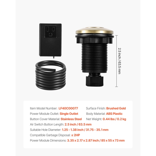 VEVOR Garbage Disposal Air Switch Kit, 2.5" Sink Top Air Switch for Food Waste Disposal, Brushed Gold Stainless Steel ON/OFF Air Button for Stainless