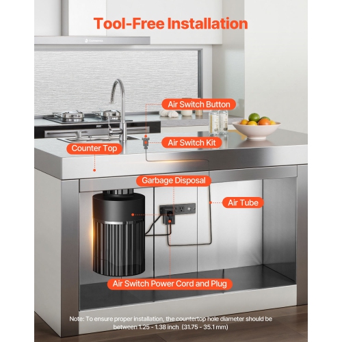 VEVOR Garbage Disposal Air Switch Kit, 2.5" Sink Top Air Switch for Food Waste Disposal, Brushed Silver Stainless Steel ON/OFF Air Button for