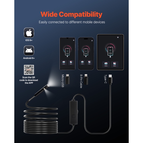 VEVOR 1920P Endoscope Camera with Light, Dual Lens Borescope for Android & IOS, HD Inspection Camera with 8 + 1 LED Light, 2X Zoom, 16.4FT Snake