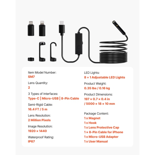 VEVOR 1920P Endoscope Camera with Light, Dual Lens Borescope for Android & IOS, HD Inspection Camera with 8 + 1 LED Light, 2X Zoom, 16.4FT Snake