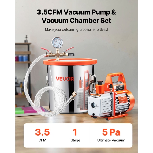 VEVOR 3 Gallon Vacuum Chamber with Pump, 3.5 CFM, Stainless Steel Degassing Chamber Kit, Single Stage Vacuum Pump, Tempered Glass Lid, 4.92 ft Hose,