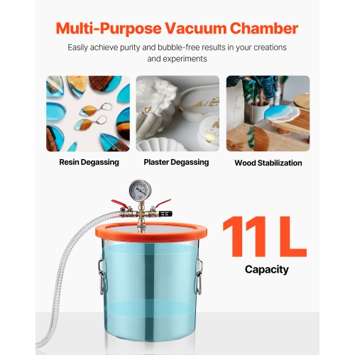 VEVOR 3 Gallon Vacuum Chamber with Pump, 3.5 CFM, Stainless Steel Degassing Chamber Kit, Single Stage Vacuum Pump, Tempered Glass Lid, 4.92 ft Hose,