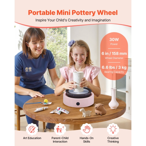 VEVOR Mini Pottery Wheel, 6 inch Turntable, Forward and Reverse Rotation, Adjustable Speed, Electric Clay Wheel for Kids and Beginners, with Shaping