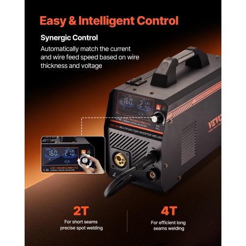 Soudeuse 4-en-1 VEVOR MIG, machine de soudage synergique 160&nbsp;A, machine de soudage multi-processus MIG/Stick/Lift à noyau flux/MIG à gaz,