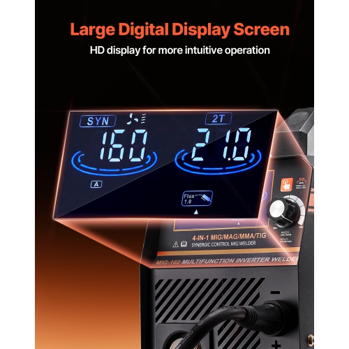 Soudeuse 4-en-1 VEVOR MIG, machine de soudage synergique 160&nbsp;A, machine de soudage multi-processus MIG/Stick/Lift à noyau flux/MIG à gaz,
