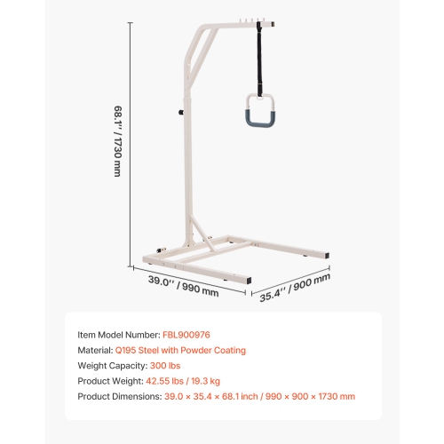 VEVOR 300LBS Capacity Trapeze Bar for Bed Mobility, Height-Adjustable Free Standing Trapeze Bar with 2 Wheels, Bed Pull Up Assist for Elderly