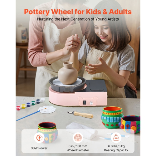 VEVOR Mini Pottery Wheel, 6 inch Turntable, Forward and Reverse Rotation, Adjustable Speed, Electric Clay Wheel for Kids and Adults, with Clay