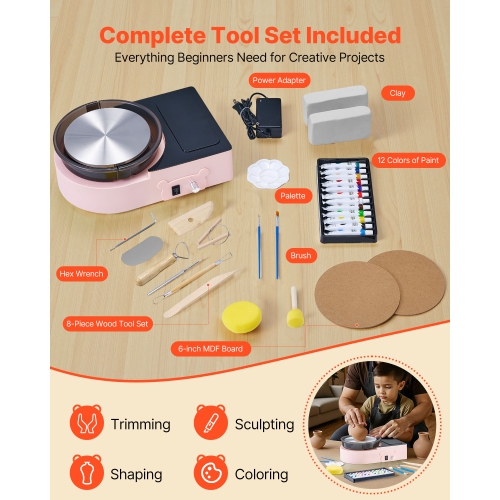 VEVOR Mini Pottery Wheel, 6 inch Turntable, Forward and Reverse Rotation, Adjustable Speed, Electric Clay Wheel for Kids and Adults, with Clay