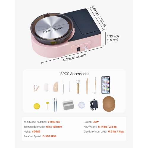 VEVOR Mini Pottery Wheel, 6 inch Turntable, Forward and Reverse Rotation, Adjustable Speed, Electric Clay Wheel for Kids and Adults, with Clay
