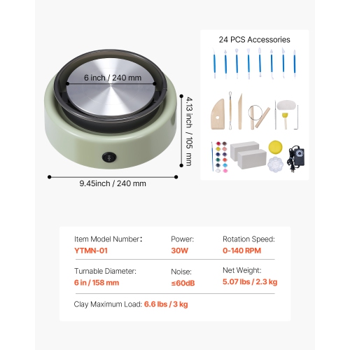 VEVOR Mini Pottery Wheel, 6 inch Turntable, Forward and Reverse Rotation, Adjustable Speed, Electric Clay Wheel for Kids and Beginners, with Shaping
