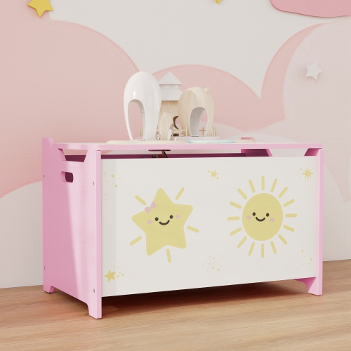 Qaba Toy Box, Kids Storage Chest with Lid, Safety Hinges and Groove Handles, Toy Storage Organizer with Star Pattern for Boys, Girls, Pink