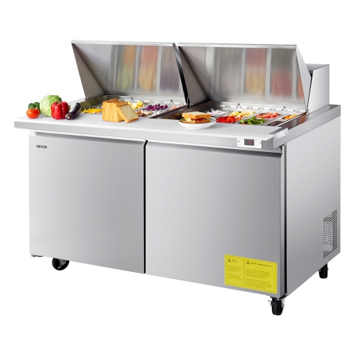 VEVOR 60"W Commercial Refrigerator, 15.4 Cu. Ft Sandwich Prep Refrigerated Table, Mega Top Food Prep Fridge with 24 Pans and Cutting Board, Stainless