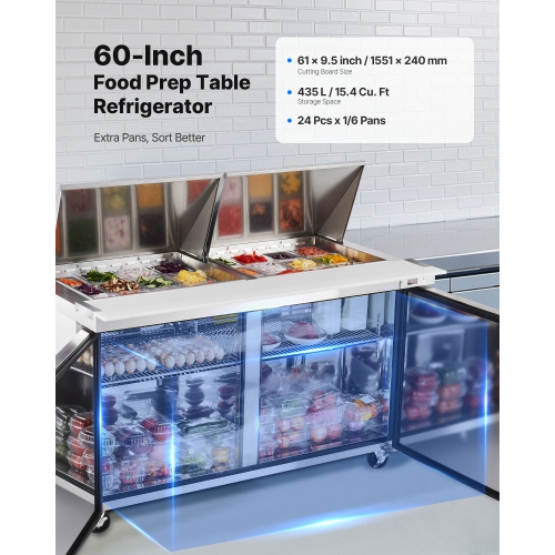 VEVOR 60"W Commercial Refrigerator, 15.4 Cu. Ft Sandwich Prep Refrigerated Table, Mega Top Food Prep Fridge with 24 Pans and Cutting Board, Stainless