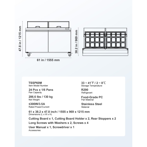 VEVOR 60"W Commercial Refrigerator, 15.4 Cu. Ft Sandwich Prep Refrigerated Table, Mega Top Food Prep Fridge with 24 Pans and Cutting Board, Stainless