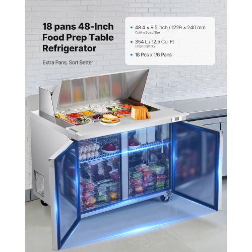 VEVOR 48"W Commercial Refrigerator, 12.5 Cu. Ft Sandwich Prep Refrigerated Table, Mega Top Food Prep Fridge with 18 Pans and Cutting Board, Stainless