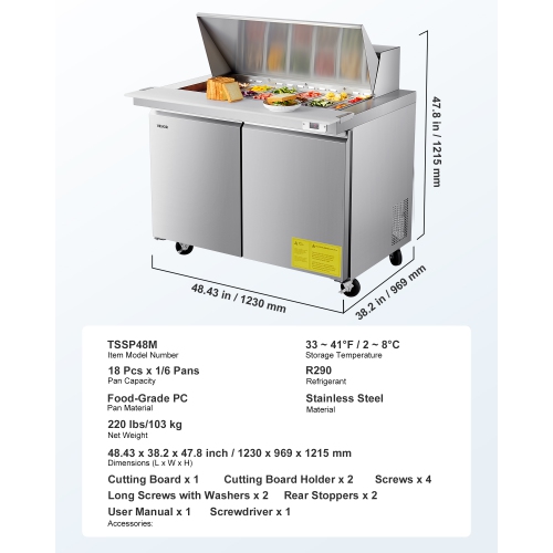 VEVOR 48"W Commercial Refrigerator, 12.5 Cu. Ft Sandwich Prep Refrigerated Table, Mega Top Food Prep Fridge with 18 Pans and Cutting Board, Stainless