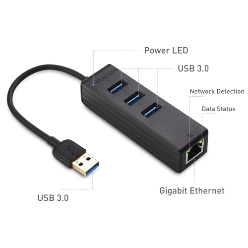 4-in-1 USB Hub With Ethernet - USB 3.0 Hub, Gigabit Ethernet Adapter, 10/100/1000Mbps Network Support