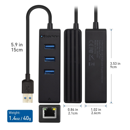 4-in-1 USB Hub With Ethernet - USB 3.0 Hub, Gigabit Ethernet Adapter, 10/100/1000Mbps Network Support