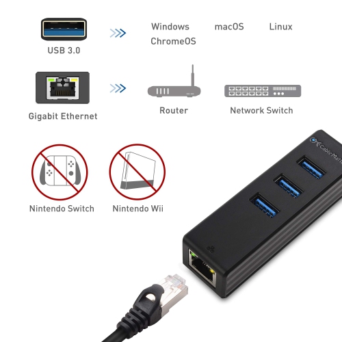 4-in-1 USB Hub With Ethernet - USB 3.0 Hub, Gigabit Ethernet Adapter, 10/100/1000Mbps Network Support