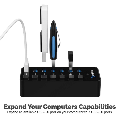 USB hub 3.2x1 with Power Adapter 36W, 7 Port usb3 Fast Powered Data hub, Multiple USB Splitter, USB Docking Station, multiport hubs, LEDs on/Off