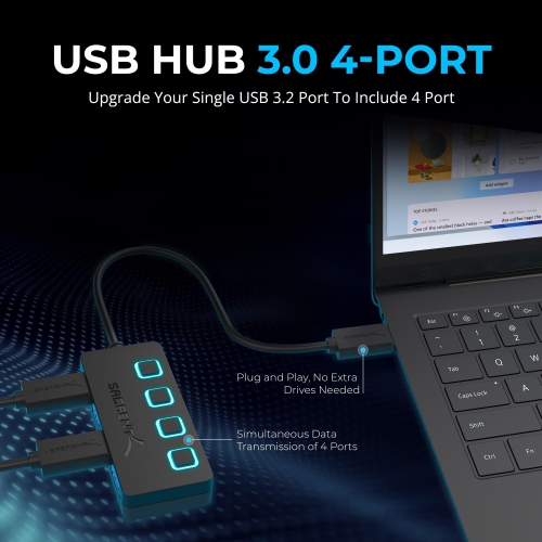 USB hub 3.2x1, 4 Port usb3 Fast Data hub, Multiple USB Splitter, USB Docking Station, Extender multiport hubs, 2Ft Long Cable, on/Off Switch