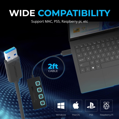 USB hub 3.2x1, 4 Port usb3 Fast Data hub, Multiple USB Splitter, USB Docking Station, Extender multiport hubs, 2Ft Long Cable, on/Off Switch