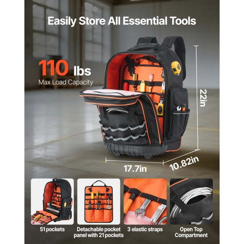 VEVOR 72 Pockets Rolling Tool Backpack, 110 lbs Load Capacity, Heavy Duty Roller Tool Bag on Wheels, Adjustable Telescoping Handle & Stable