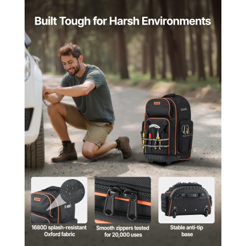 VEVOR 72 Pockets Rolling Tool Backpack, 110 lbs Load Capacity, Heavy Duty Roller Tool Bag on Wheels, Adjustable Telescoping Handle & Stable